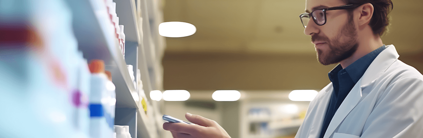 A pharmacist scanning medicine, using a barcode scanner for inventory management or prescription verification in a pharmacy